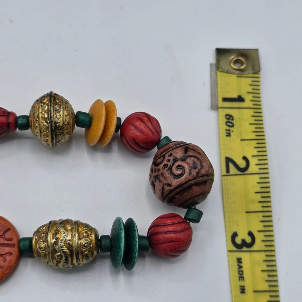 Boho Beaded Necklace Multicolor Carved Wood Gold Filigree‎ Tribal Statement 28in